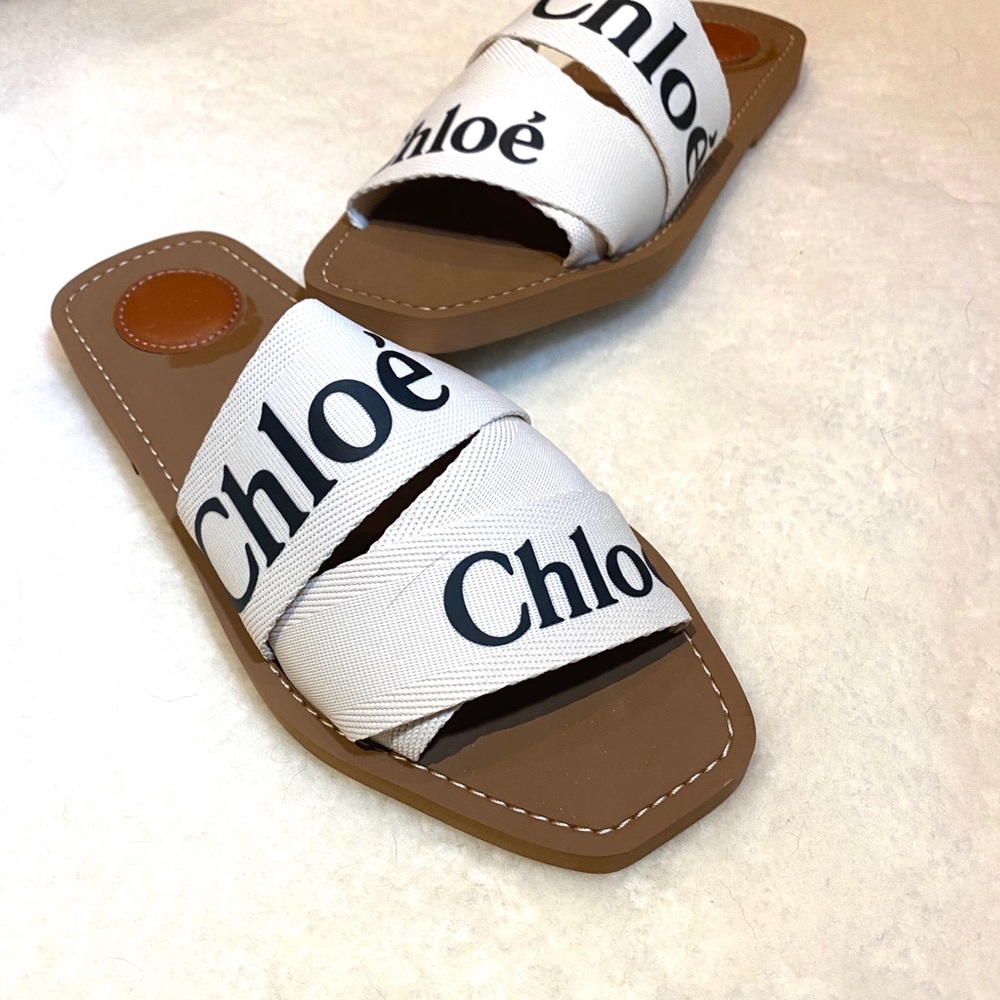 NWT! CHLOÉ Woody Flat Logo Ribbon Slide Sandals